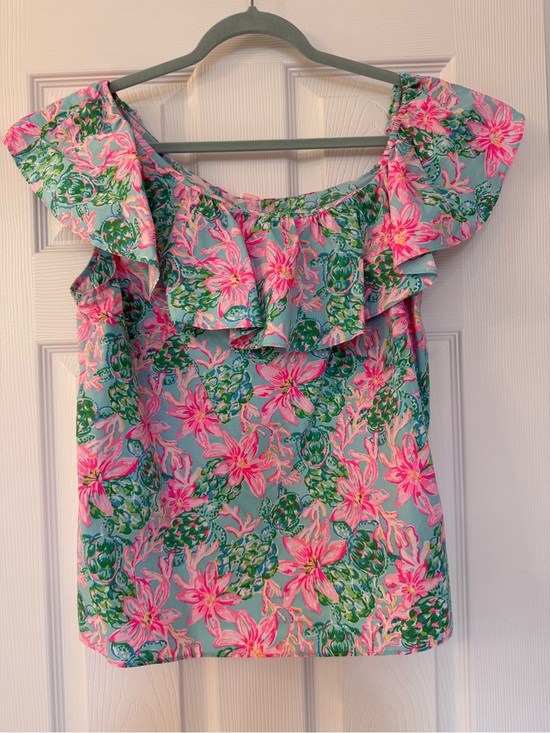 Lilly Pulitzer Tops - Lilly Pulitzer Pink Floral Ruffle Off-Shoulder Top on Aqua